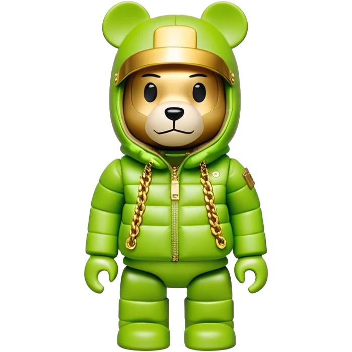 museum-quality bearbrick figure with perfect cubic proportions, lime green balaclava with seamless integrated golden visor lens, ultra-luxury designer down jacket with prominent branding and premium plush fur trim throughout, detailed gold chain accessories, fashion statement piece emoji