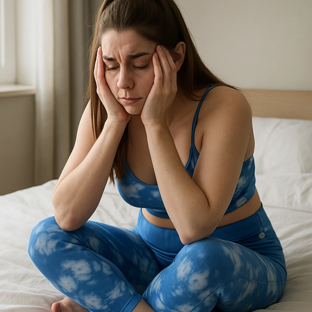 A slender woman in 4K, sitting on the bed in the morning, holding her head in her hands, with tired and swollen eyes, an exhausted expression, and dim natural light, inspired by the reference photo. emoji