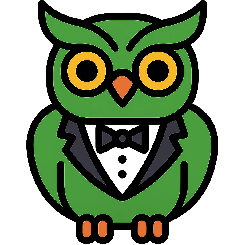 a green owl dressed in a tuxedo, modern icon style emoji