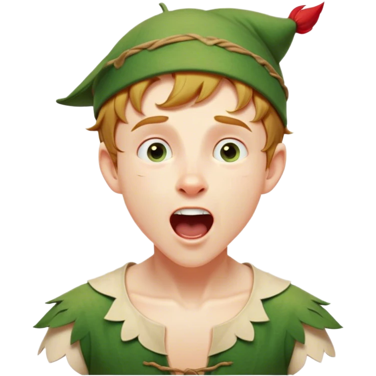 Cinematic Realistic Peter Pan Portrait, head tilted slightly with a dramatic, wide-open yawn, revealing a relaxed yet spirited expression. His detailed tunic and cap, paired with a gentle, ambient glow, capture a tender moment of vulnerability amidst his eternal quest for adventure. emoji