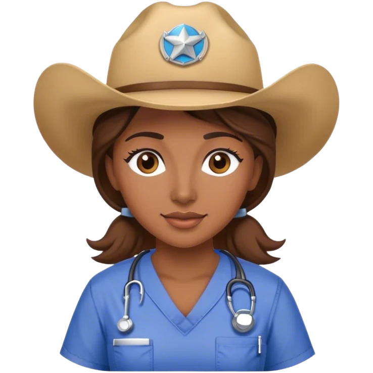 Woman with brown hair wearing scrubsand a cow girl hat emoji