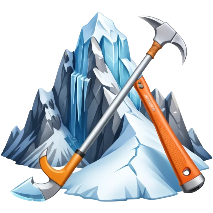 Icon for Mountain Tourism and Climbing: a mountain peak in the background, an ice axe, and climbing gear. The icon should capture the adventure and challenge of alpine exploration. Transparent background. emoji