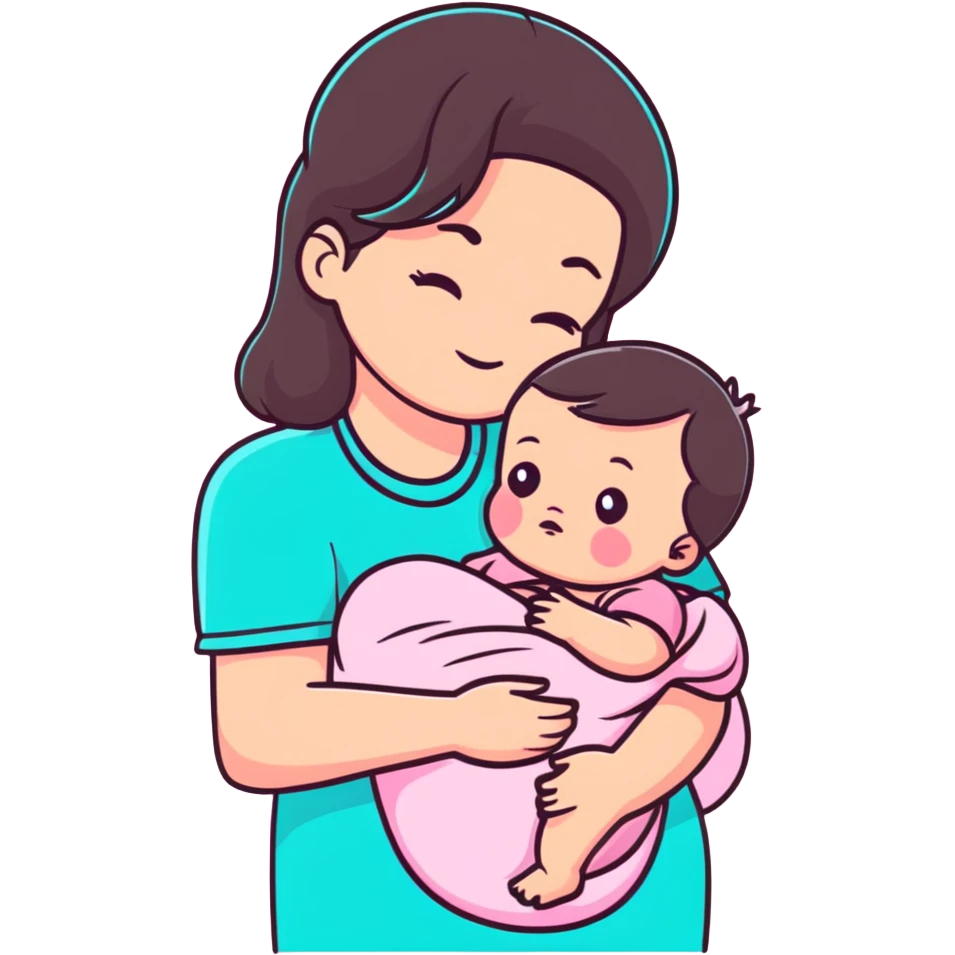 brunette mom cuddling baby with pastel pink clothing and accessories emoji