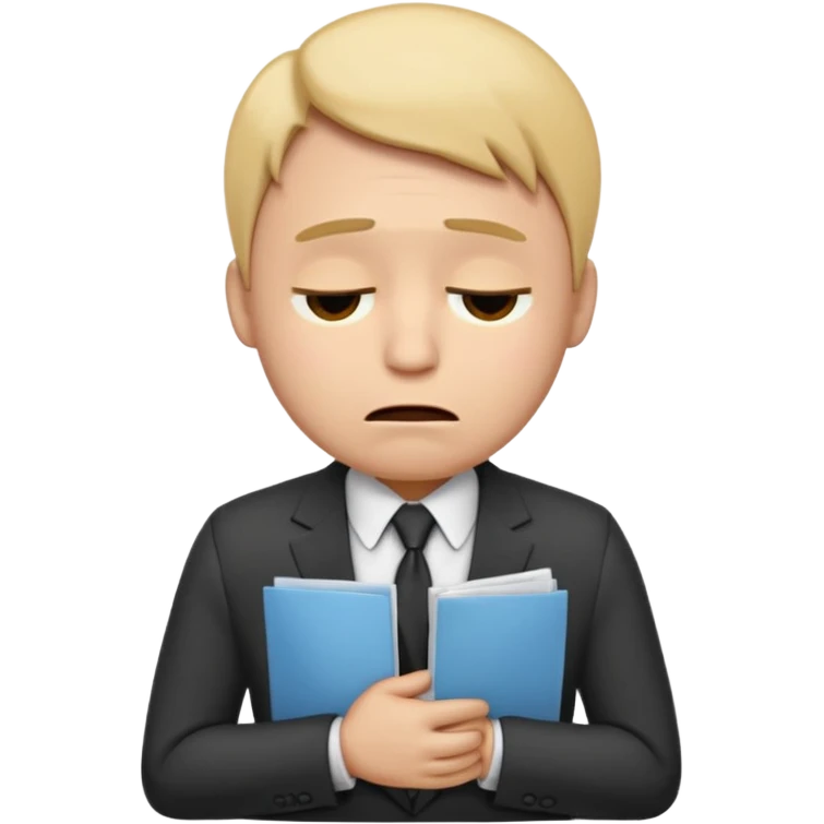  emoji character wearing a suit. face has a very sad crying, disappointed expression with drooping eyebrows and half-closed eyes. posture is dejected, with slumped shoulders just rejected from his interview to get a job, holding cv. dont relate to any gender emoji