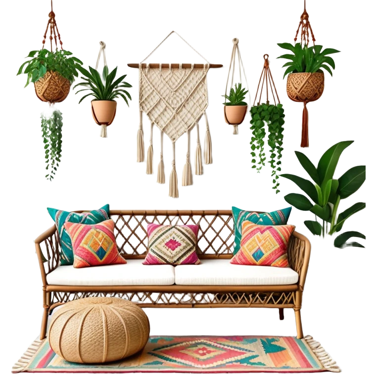cozy bohemian living room with macrame wall hanging, plants, rattan furniture, and colorful cushions emoji