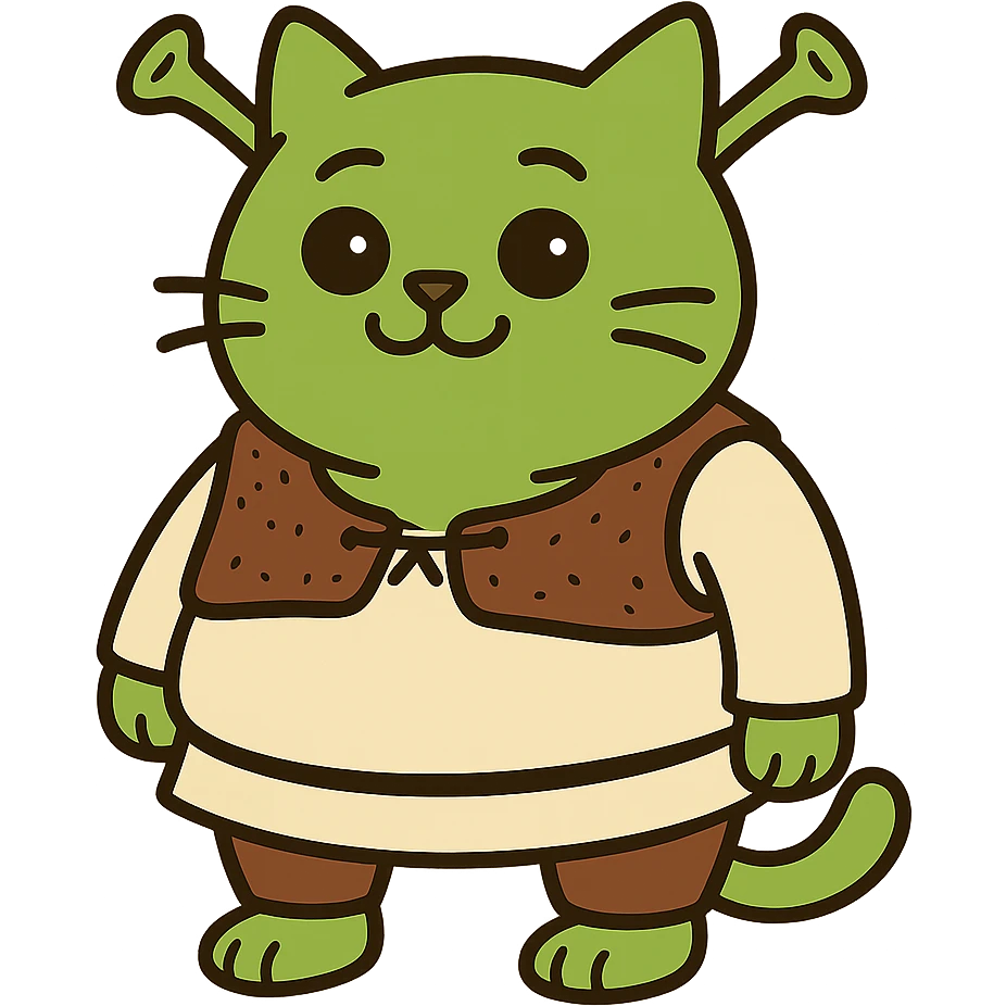 flat toon style cat as Shrek with green skin and ogre ears, cartoonish emoji