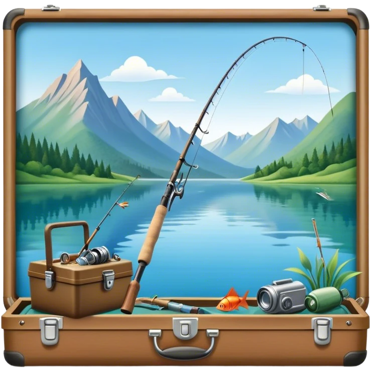 Icon for Fishing Travel: a fishing rod, tackle box and a boat on a calm lake surrounded by mountains and lush greenery, with fish jumping out of the water. The icon should capture the peaceful and adventurous nature of fishing trips. Transparent background. emoji