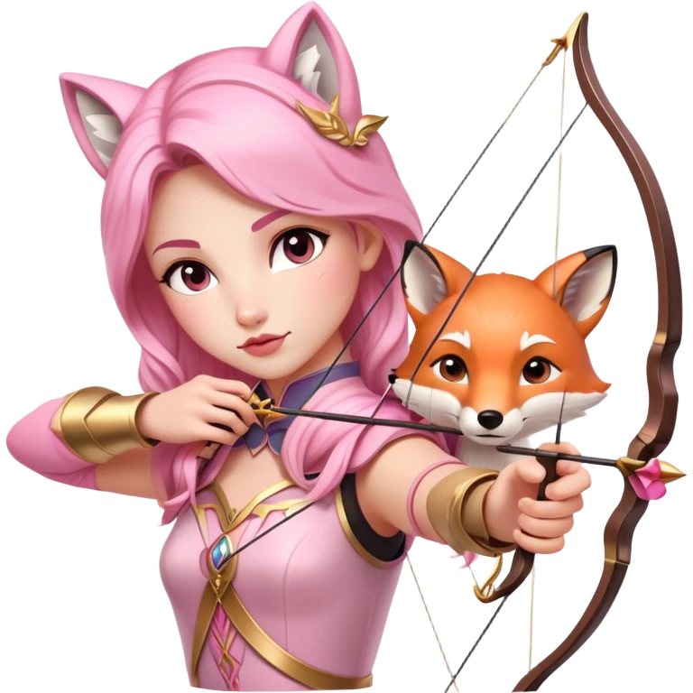 archer aiming bow with fox beside, dreamy fairytale, pink and gold accents, inspired by 'Once Upon a Broken Heart' emoji