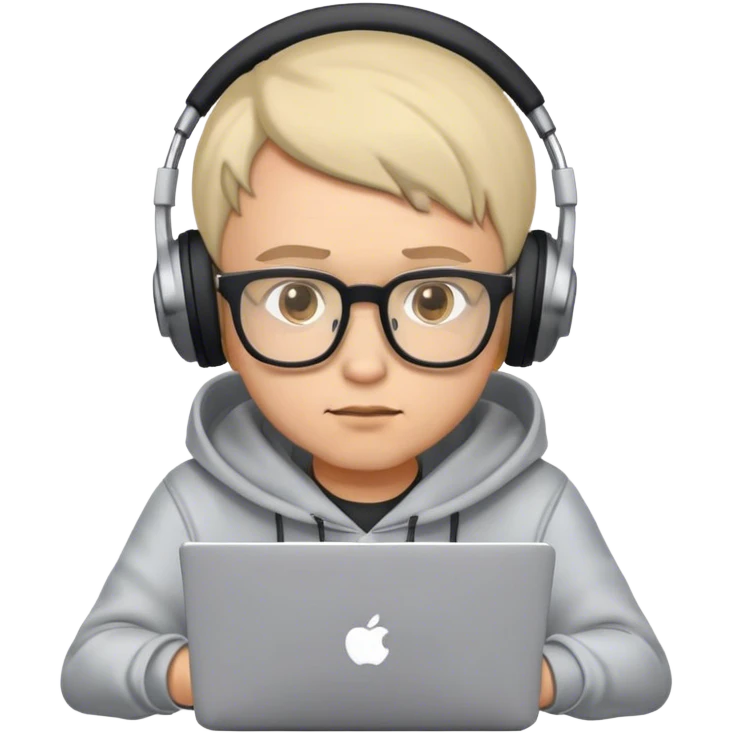 Emoji of an IT professional: wearing glasses, hoodie or T-shirt, using a laptop, focused expression, possibly with headphones or coffee emoji