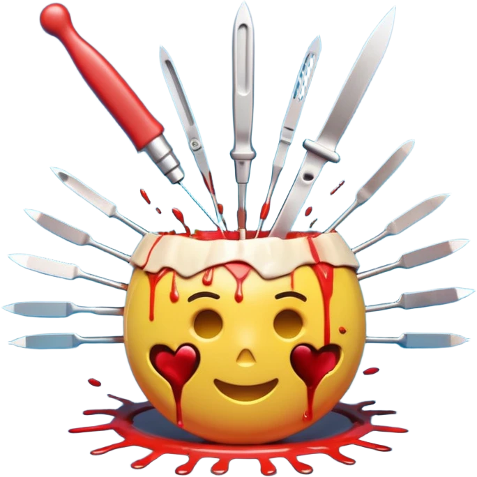A hyper-realistic surgical scalpel exploding into a vibrant burst of medical and emotional emoji (🩺💉🧬🫀🤕😵✨). Dynamic composition, emoji art style, 3D render, Pop Art. Shallow depth of field, studio lighting, clean pastel background. --ar 16:9 emoji