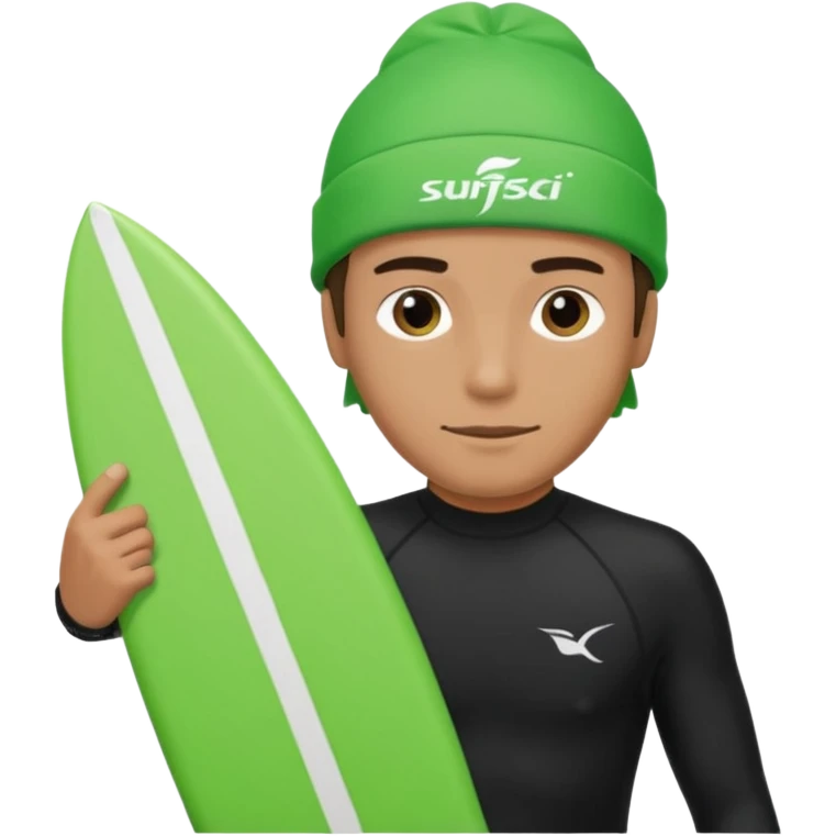 Un hombre sorteando con camisa negra con gorra para nadar y tabla verde  emoji