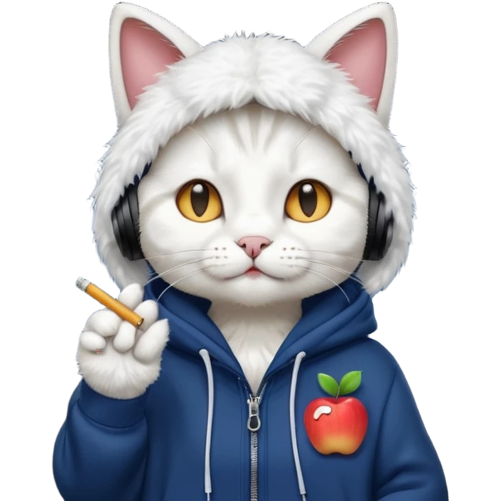 cat in headphones, in a dark-blue almost black oversized hoodie with a cigarette in his hand, more apple-like emoji  emoji