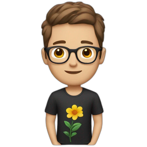 white guy short brown hair wearing glasses and dark t-shirt with flowers print emoji