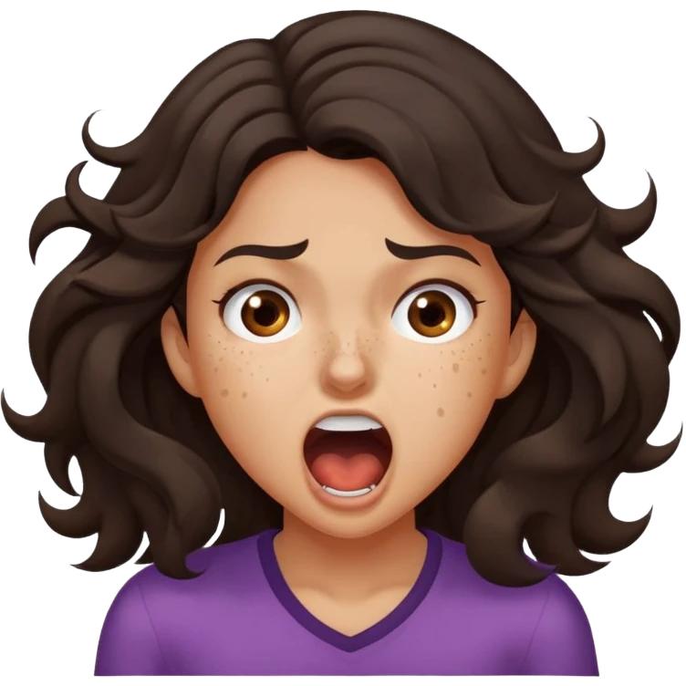 girl very dark brown wavy hair freckles tan skin color brown eyes screaming choking emoji
