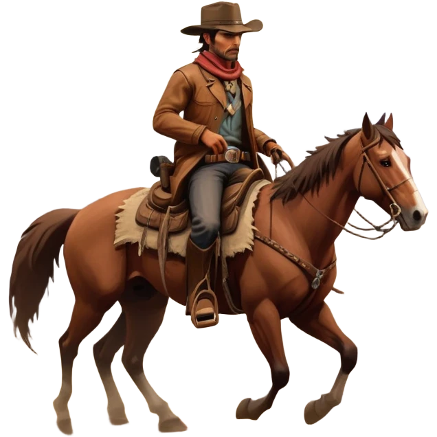 An icon representing an adventure game, inspired by Red Dead Redemption II. The design features a rugged cowboy riding a horse through a vast, open landscape with mountains, deserts, and wild animals. The atmosphere conveys exploration, action, and the thrill of the journey. Transparent background emoji