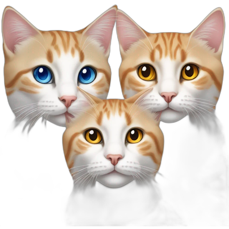 three cats sitting together, 1 lynx point cat with blue eyes, 1 orange and white tabby with yellow eyes, 1 orange with orange eyes emoji