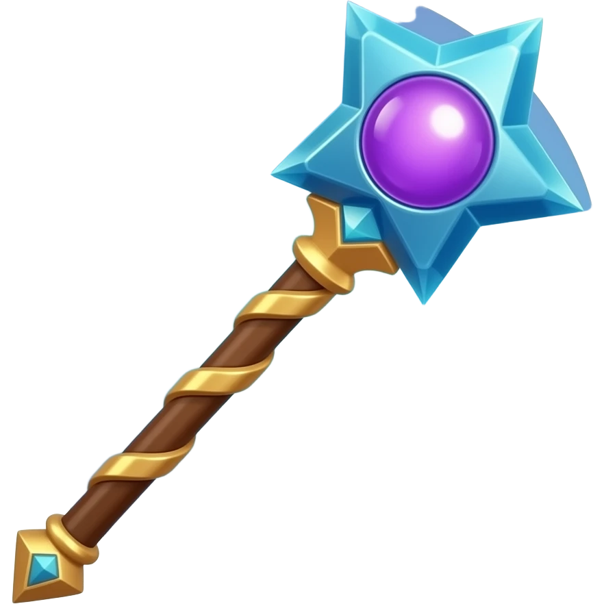 3D magic staff emoji, long wooden handle with metallic tip, blue crystal star-shaped head, glowing purple orb in center, fantasy design, polished materials, soft glow, clean shading, centered, blue gradient background, vibrant, high quality emoji