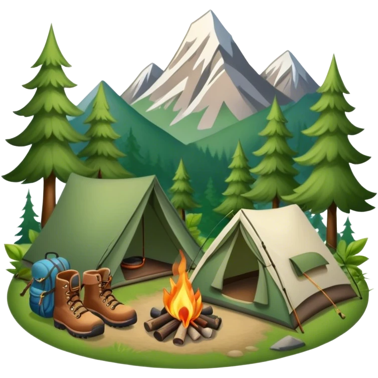 Icon for Hiking: a pair of hiking boots, a backpack, a walking stick, a tent, and a kettle over a campfire, surrounded by trees and a mountain trail. The icon should capture the adventure and warmth of camping. Transparent background. emoji