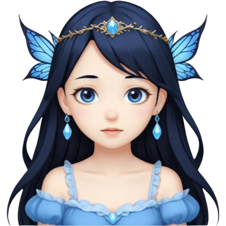 Gothic anime fairy with long beautiful black hair and blue dress, pastelcore, emoji