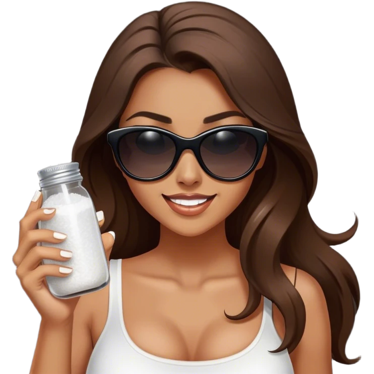 sassy woman with long brown hair, tan skin, and dark sunglasses holding a salt shaker filled with white table salt. She is shaking and sprinkling the salt. She is smirking.  emoji