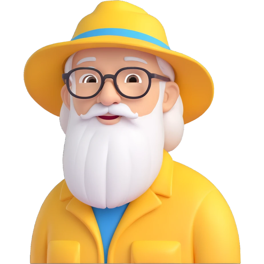 An elderly man with white hair and beard, wearing glasses and a yellow explorer hat emoji