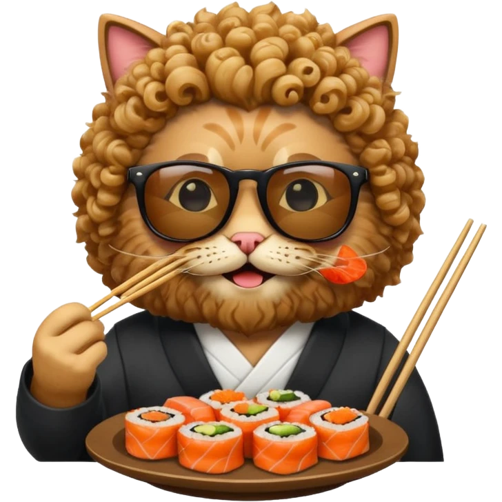 HAPPY CAT WITH CURLY HAIR AND A BIG BEARD wearing sunglasses and eating sushi emoji