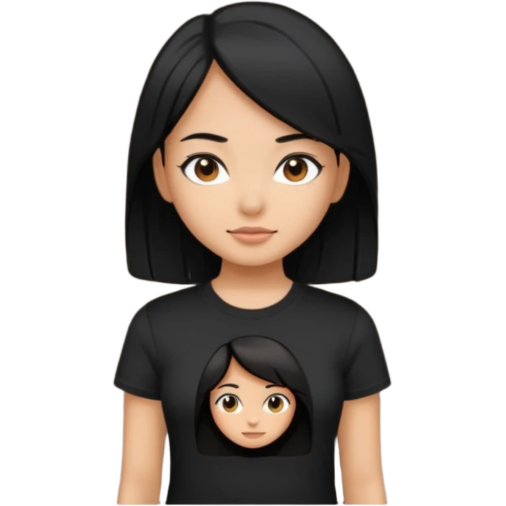 a pretty bratz girl with straight black hair,  wearing a black tshirt emoji