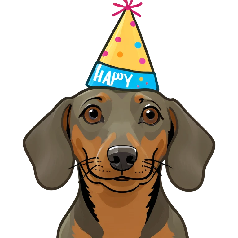 brown and tan dachshund wearing a birthday hat next to a birthday cake with candles emoji