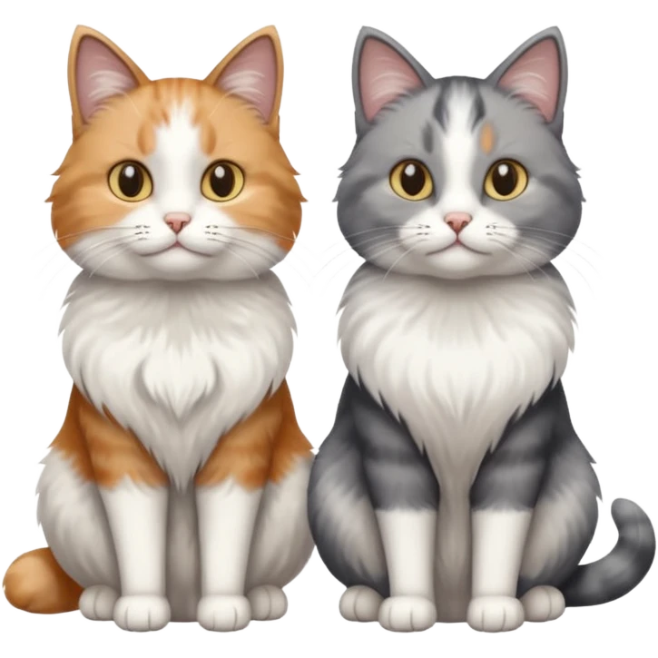 a realistic looking very fluffy grey and white cat sitting next to another cat emoji