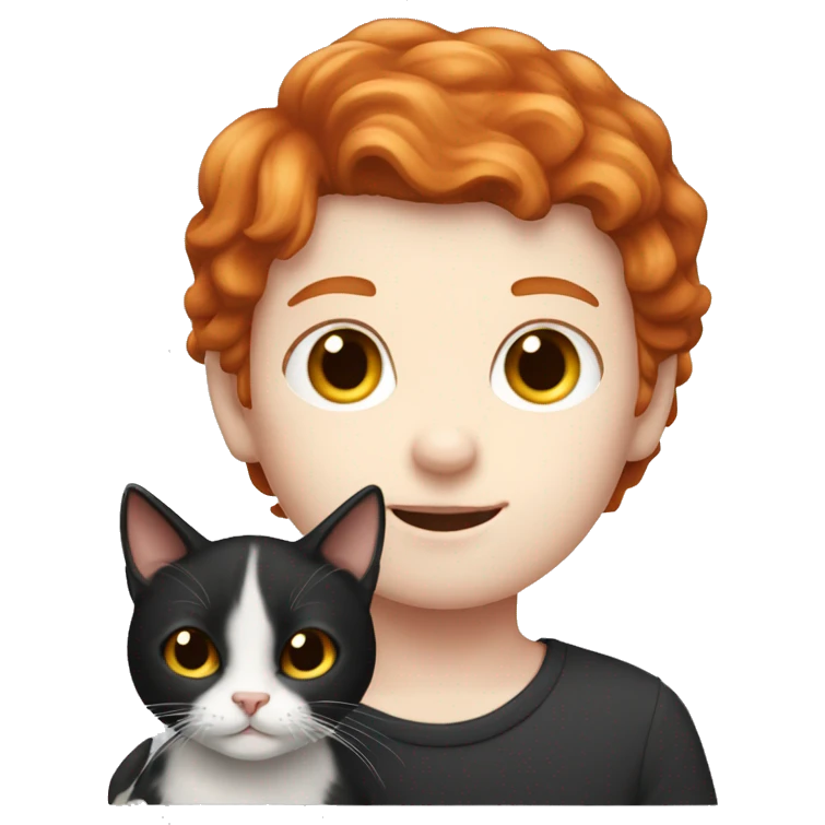 redhead boy with pale skin holding black and white cat emoji