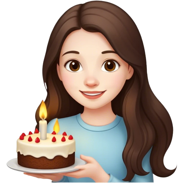 happy beautiful pale brunette girl with long hair holding a piece of cake with candle emoji