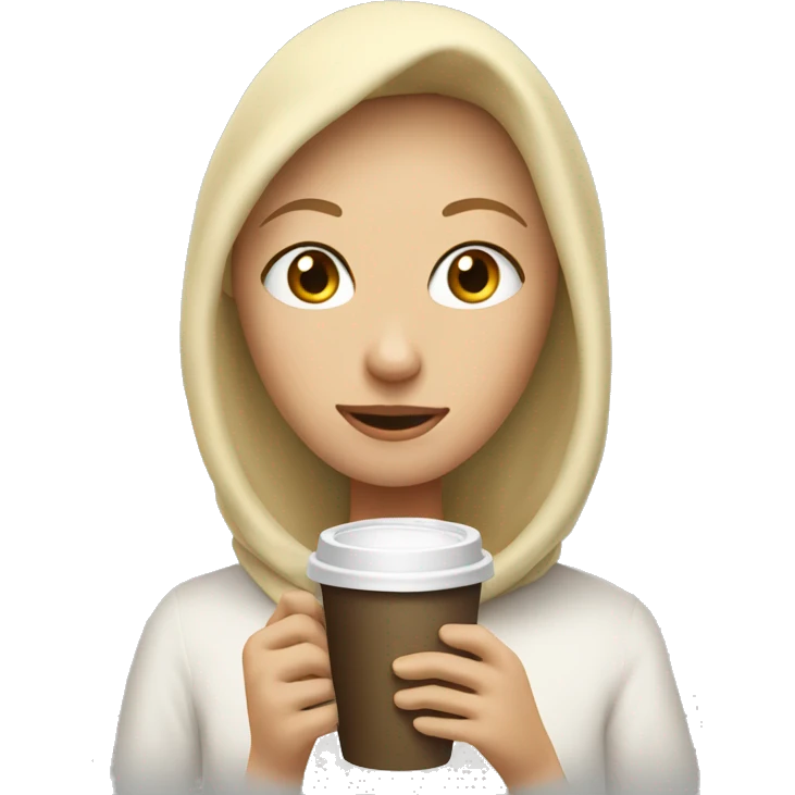 A girl with blonde hair, her head covered with a duvet, and drinking coffee emoji