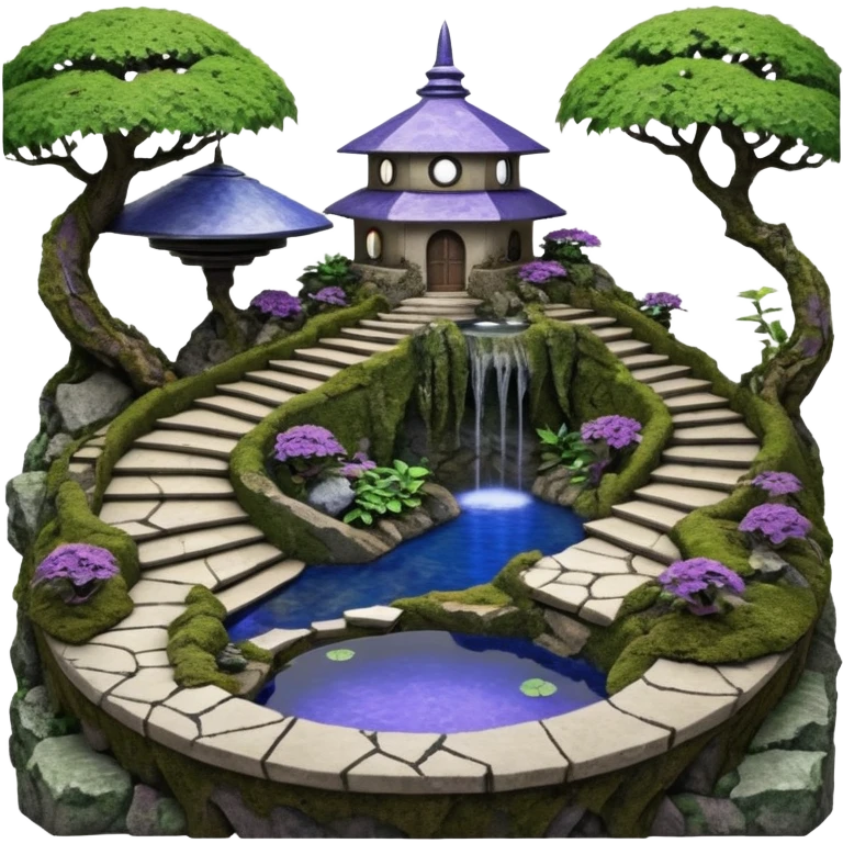 Alien saucer house jungle-vines precarious narrow stairway fountain koi pond mountain-island getaway nighttime landscape antique mudman very old broken cracked intricate Stone Age lapis-crusted irregular dodecagon-shaped shallow dark moss rough bark violet serissa flowered maple tree bonsai emoji