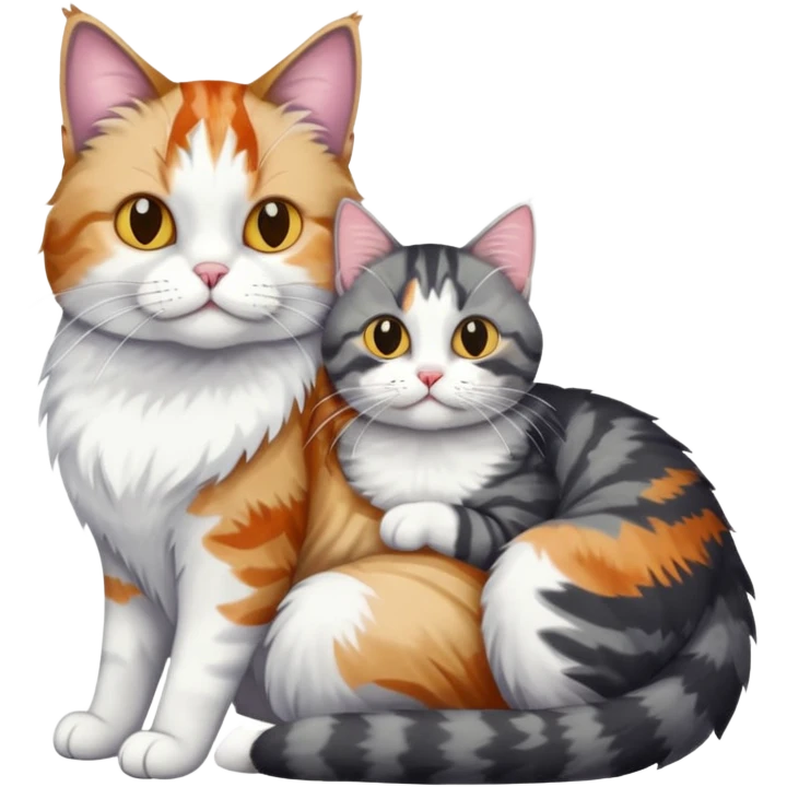 full body colourful light patched calico + white tabby cat cuddling a bigger cat that is dark grey and white tabby cat  emoji