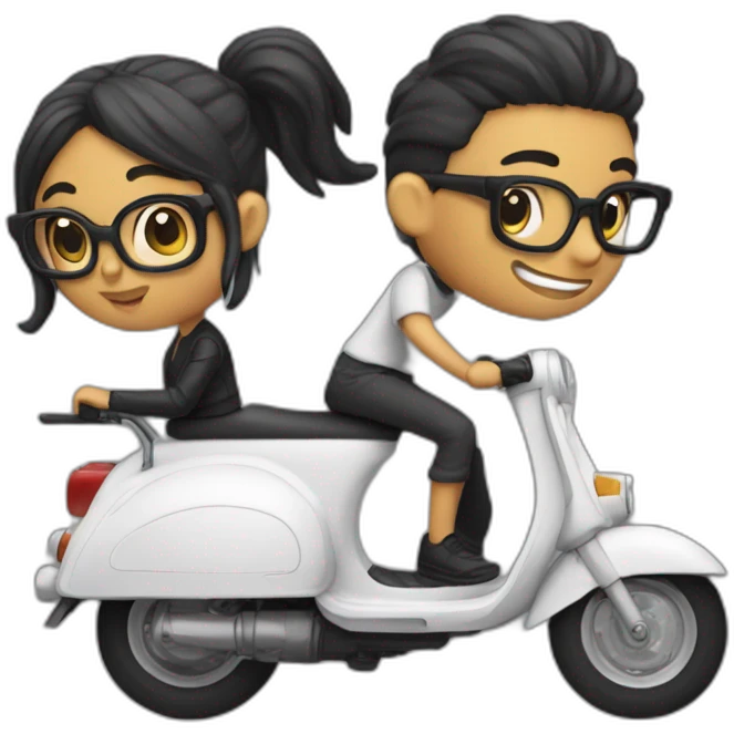 boy with long hair tied in a bun, beard, and glasses, riding a black scooter with a girl on the back emoji