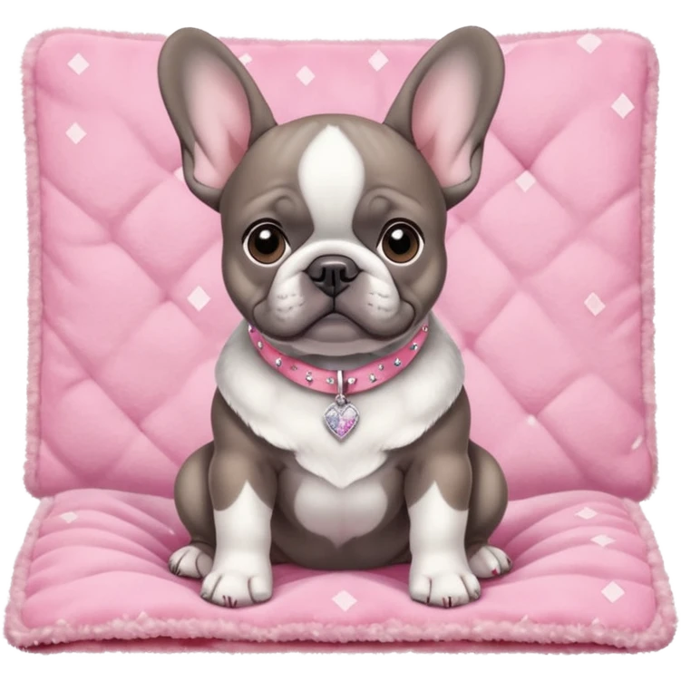 Gray French bulldog puppy sitting on fuzzy pink blanket, wearing an ultra realistic all diamonds collar emoji