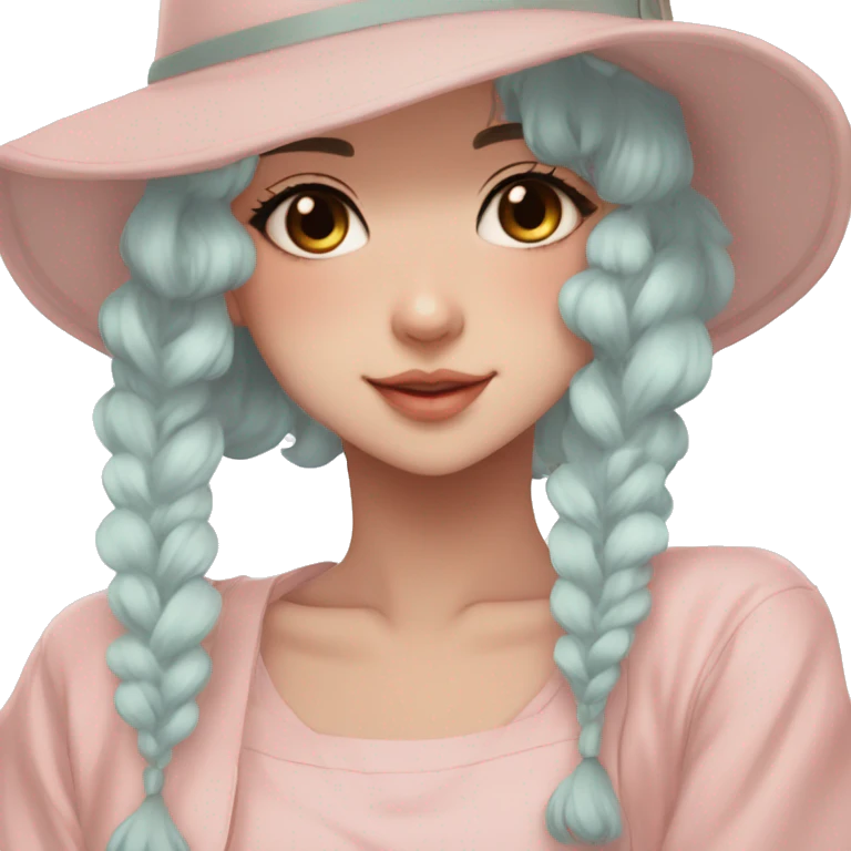 Gorgeous pastel anime girl with blushing face and hair garnitures and pretty hair and a hat-cap aesthetic trending style emoji