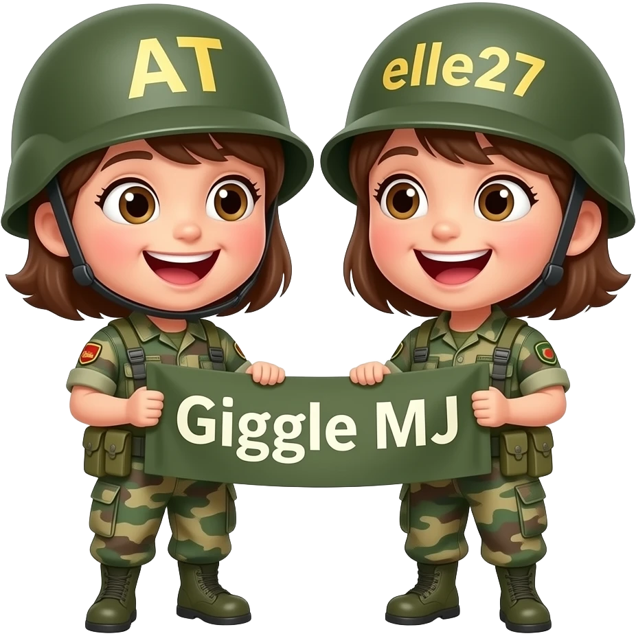 2 girl minions giggleing wearing army fatigues holding a banner text aOT Giggle MJ on 1 helmet elle27 on the other Chicks emoji
