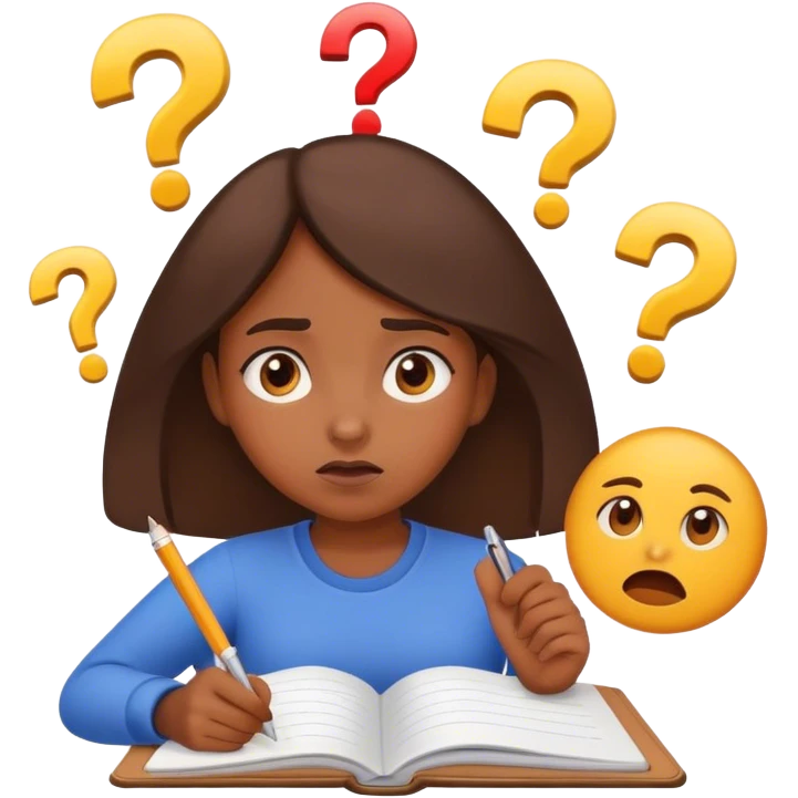 Muslim girl writing in notebook with difficulty, with confusion, emoji question emoji