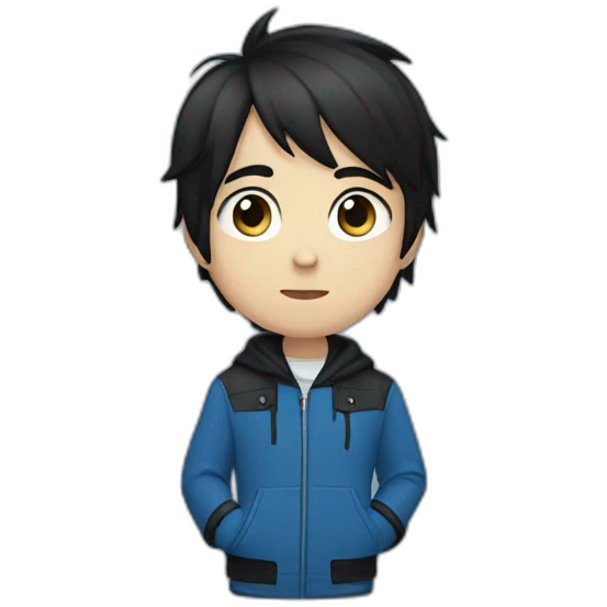 a boy who has an emo haircut that is directed to the left, he has straight black hair.  He has a blue jacket and blue eyes. emoji
