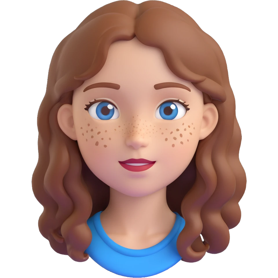 a girl with warm brown slightly wavy hair, blue eyes, and lots of freckles, 3D emoji style emoji