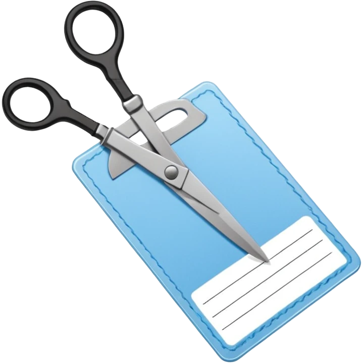 Floating black Scissors cutting a light blue idf ID card in 2 parts .hyper realistic emoji