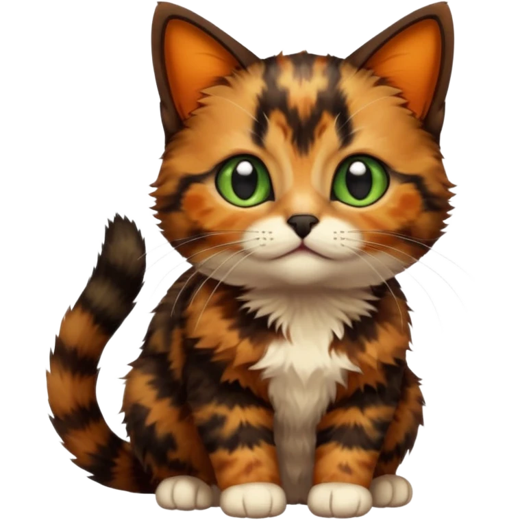 A high-resolution photo-realistic digital illustration of a brown multicoloured  tortoiseshell cat kitten, chest upward (no white) emoji