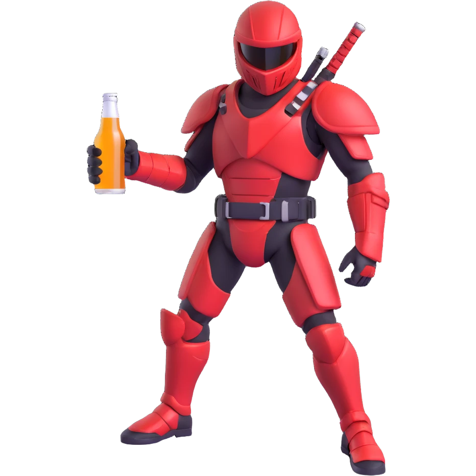 Sector from Mortal Kombat, cybernetic ninja in red armor, holding a beer bottle, relaxed stance, vibrant colors emoji
