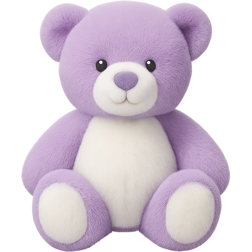 Change the teddy bear's fur to purple and white, keep it soft and plush, no shadows, flat lighting, no background. Remove the background completely to isolate the subject. emoji