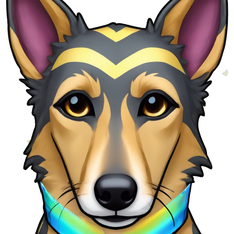  brindle brown black maroon striped lurcher Alsatian fox running blue eyes and iridescent holographic oilslick harness wearing paper iridescent tropical flower crown yellow caution tape emoji