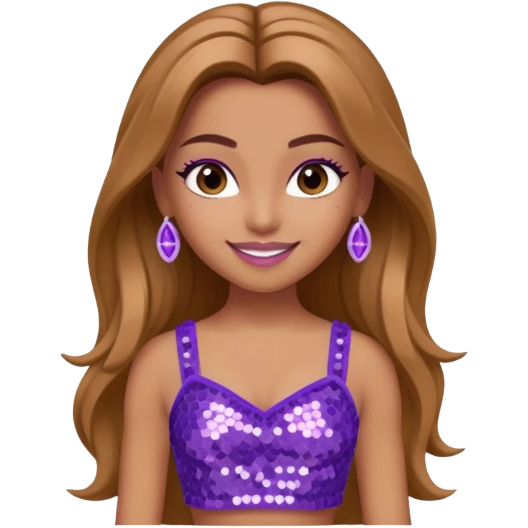 Yasmin from Bratz with long light brown hair, tan skin, brown eyes, lilac sequin crop top emoji