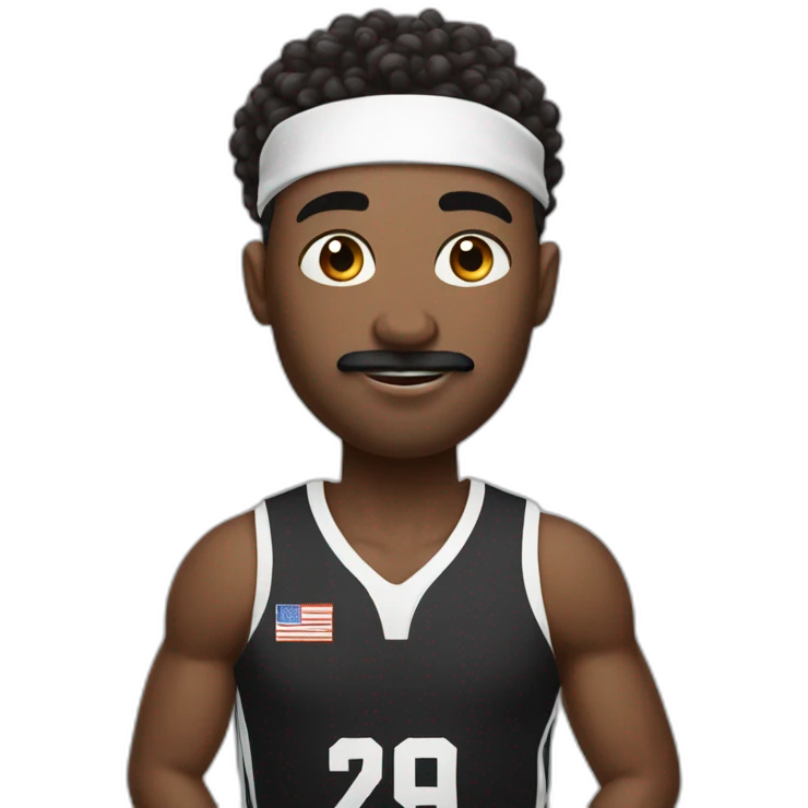 black basketball player with moustache holding the notebook wearing black and white jersey curly hair and handband emoji