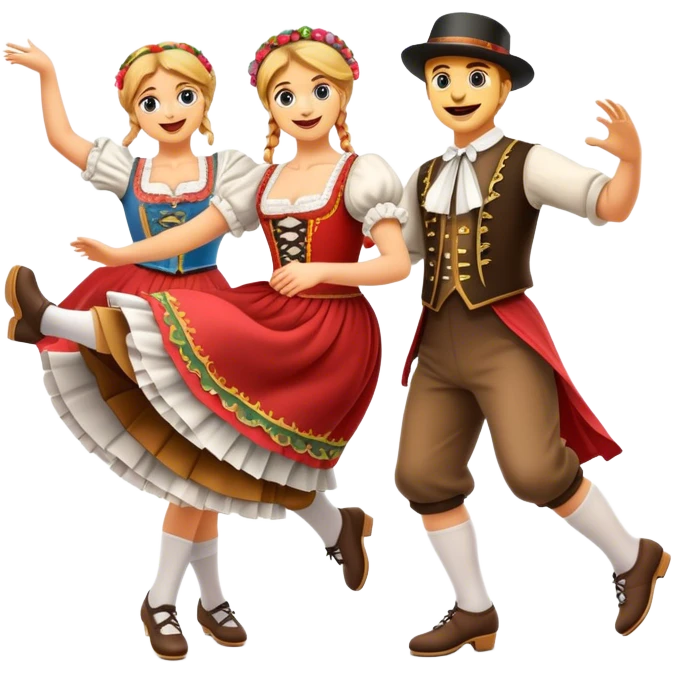 Cinematic Realistic Schuhplattler Dance Emoji, depicted as a lively traditional folk dance scene with performers in authentic Bavarian costumes, rendered with dynamic textures and festive natural lighting that captures the spirit of rural celebration. emoji