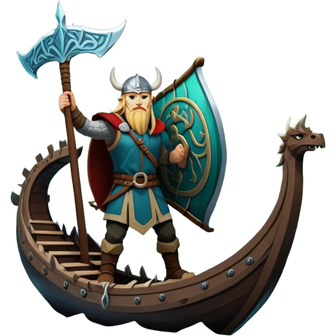 An icon representing an adventure game, inspired by Norse mythology. The design features a fierce Viking warrior standing at the prow of a dragon-headed longship, sailing through icy waters. Snow-capped mountains loom in the distance as the northern lights dance overhead, evoking a sense of conquest, mystery, and legend. Transparent background. emoji